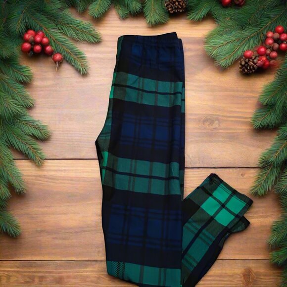 S/L NEW Girls Green Plaid Christmas Leggings, Luxury Soft Kids Yoga Pants - Picture 6 of 9